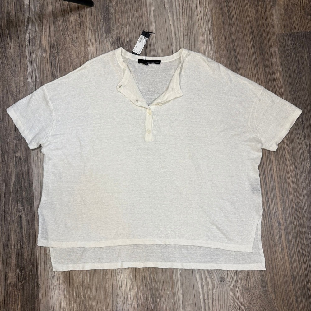 360 Sweater Boho Airy Lagenlook Pascha White Linen Henley Oversized Knit Top NWT